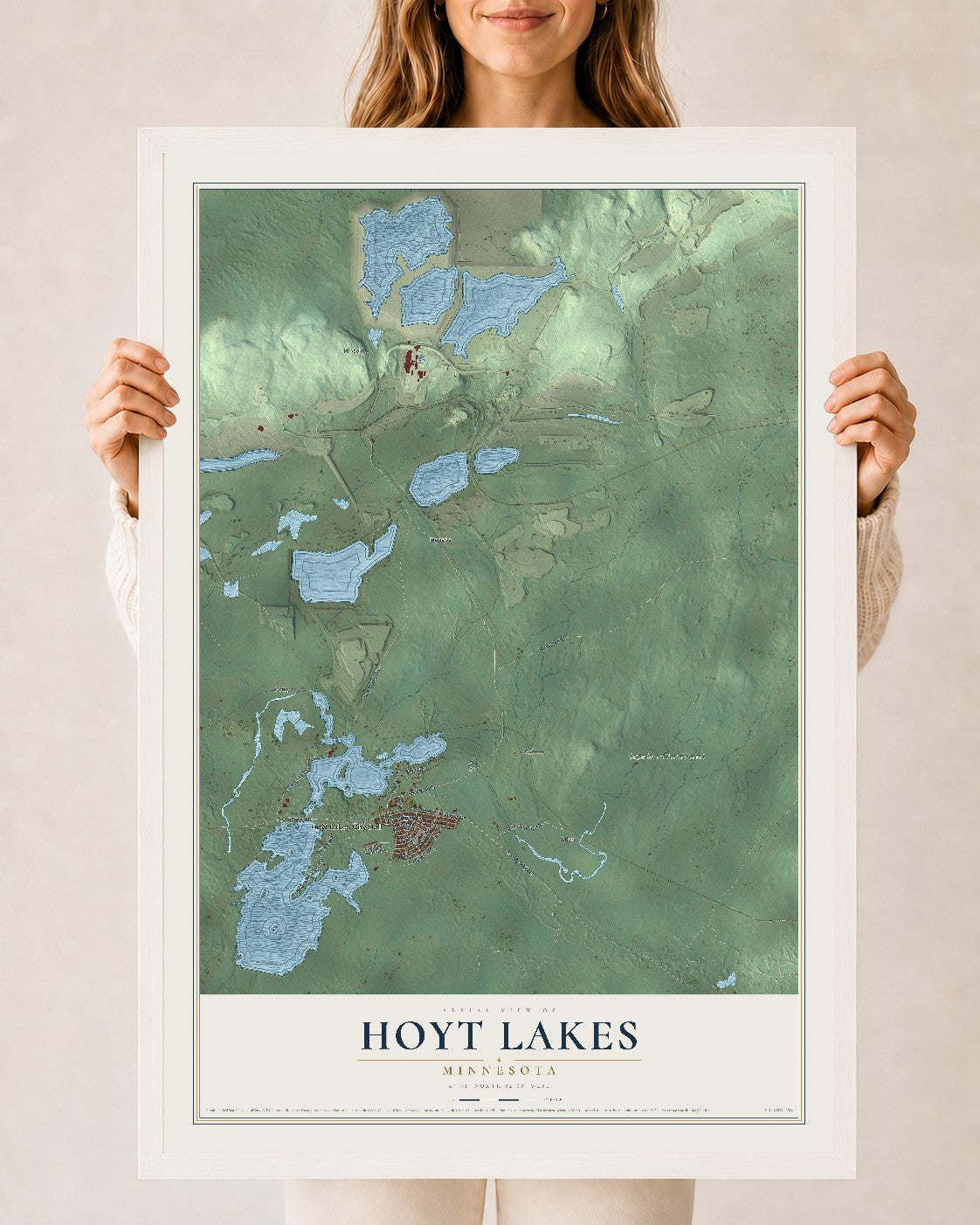 Map of Hoyt Lakes, Minnesota, 24 x 36 inch print in a white wood frame