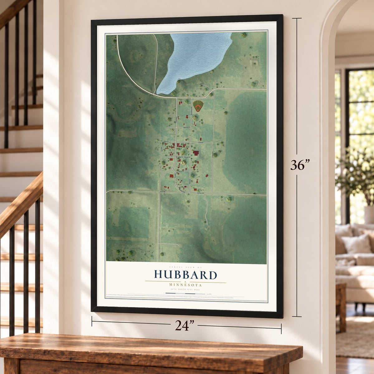 Hubbard, Minnesota map, 24 x 36 inch print in a black frame by a staircase