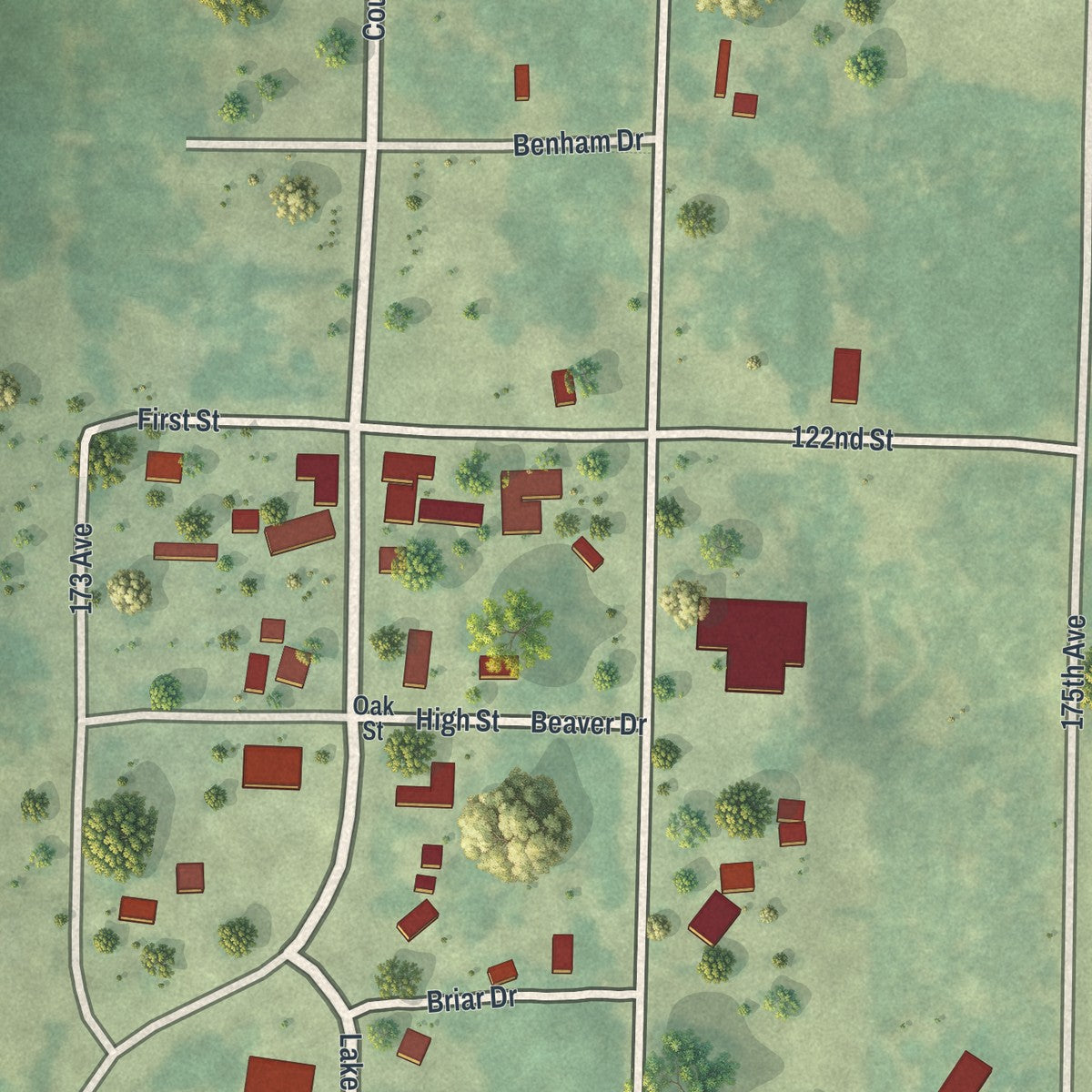 Close-up of the map of Hubbard, Minnesota print showing street and building detail