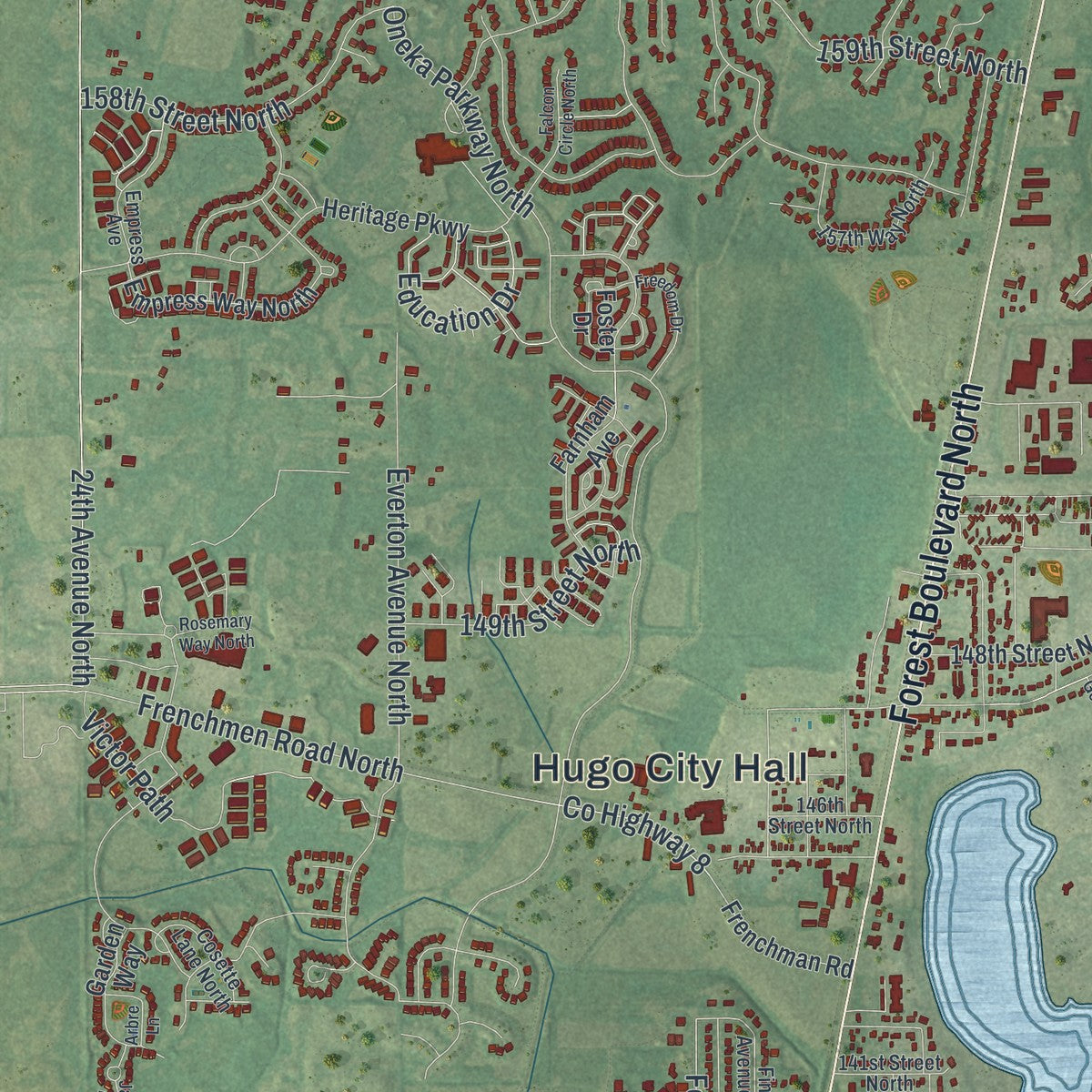 Close-up of the map of Hugo, Minnesota print showing street and building detail