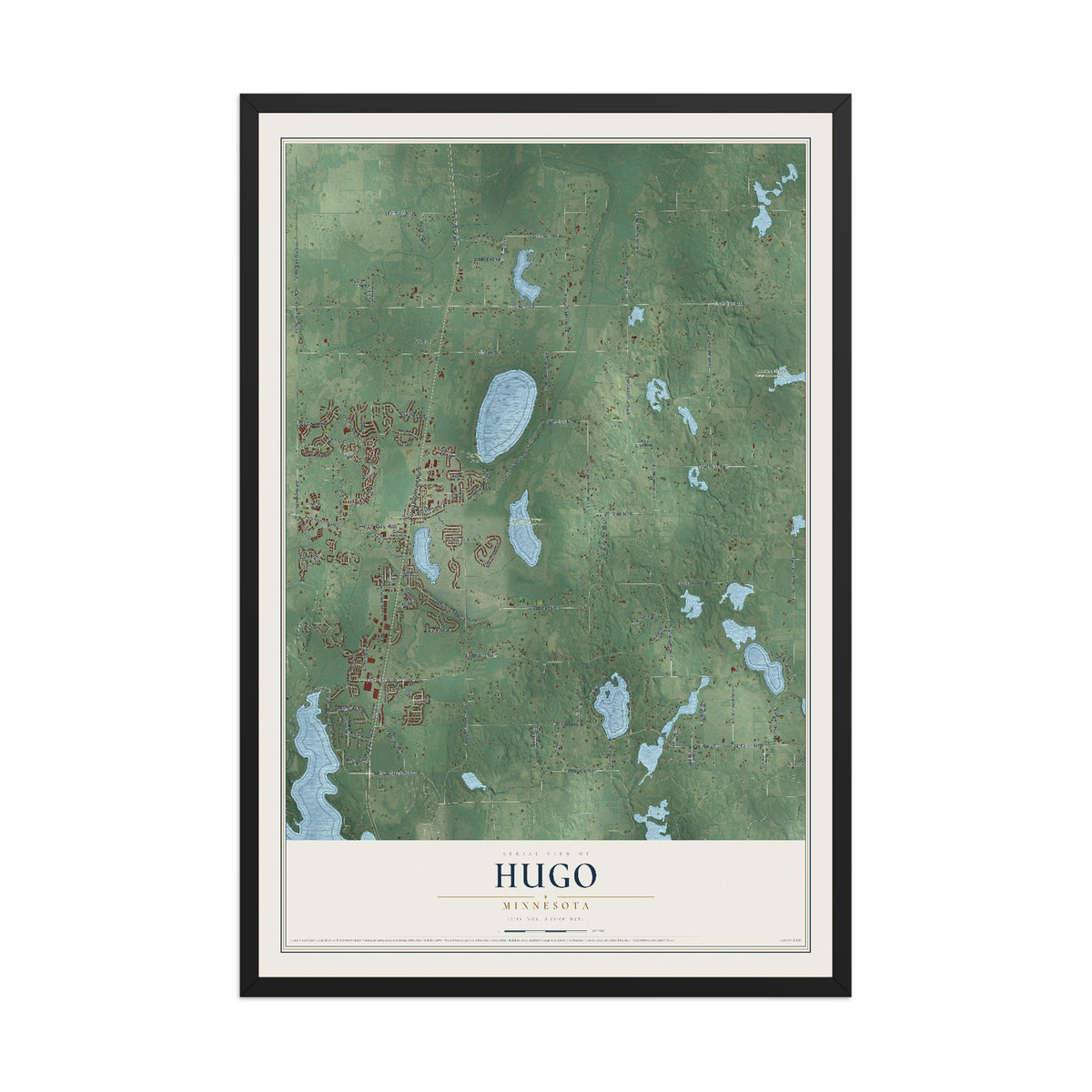 Map of Hugo, Minnesota, 12 x 18 inch print in a black wood frame