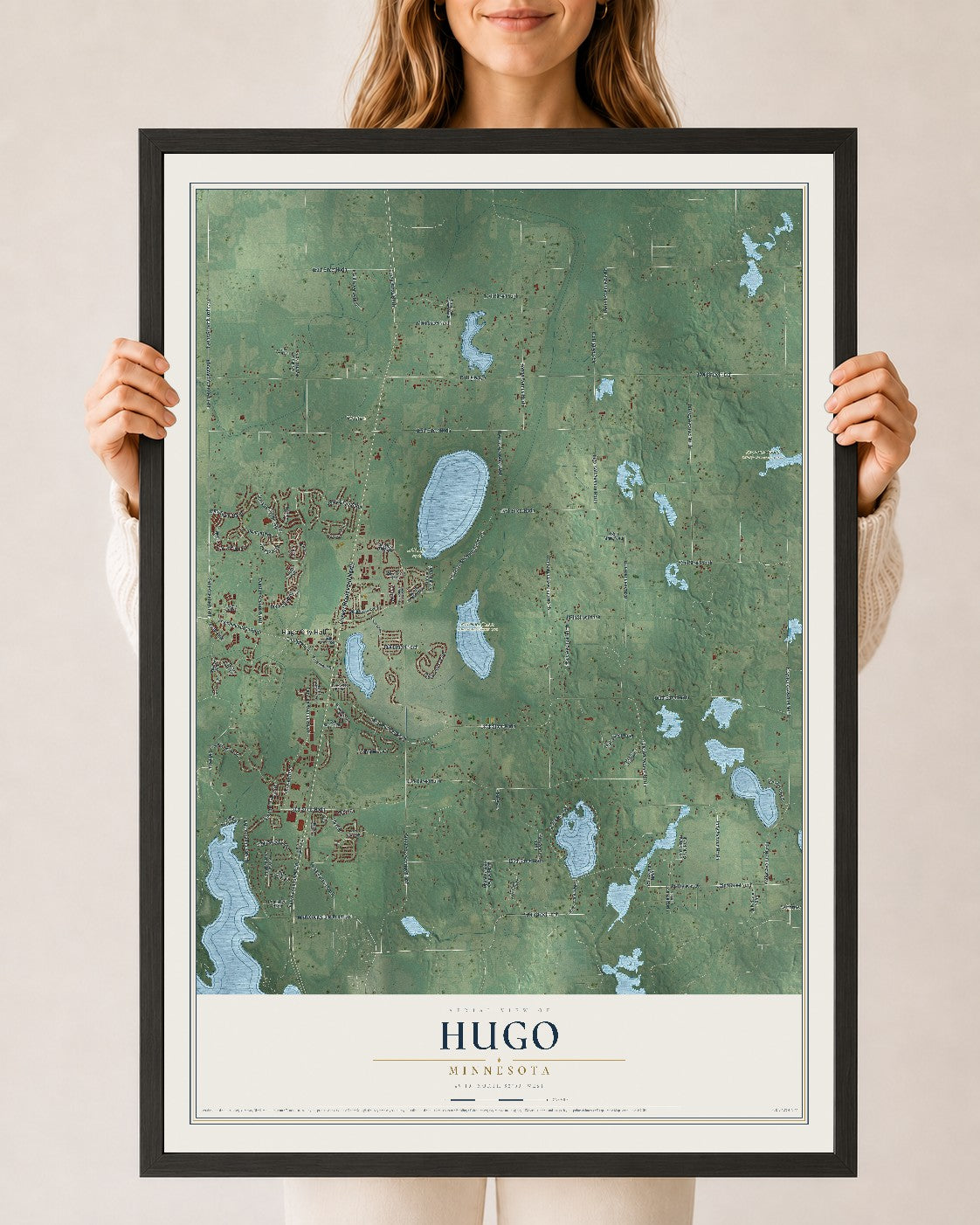Map of Hugo, Minnesota, 24 x 36 inch print in a black wood frame