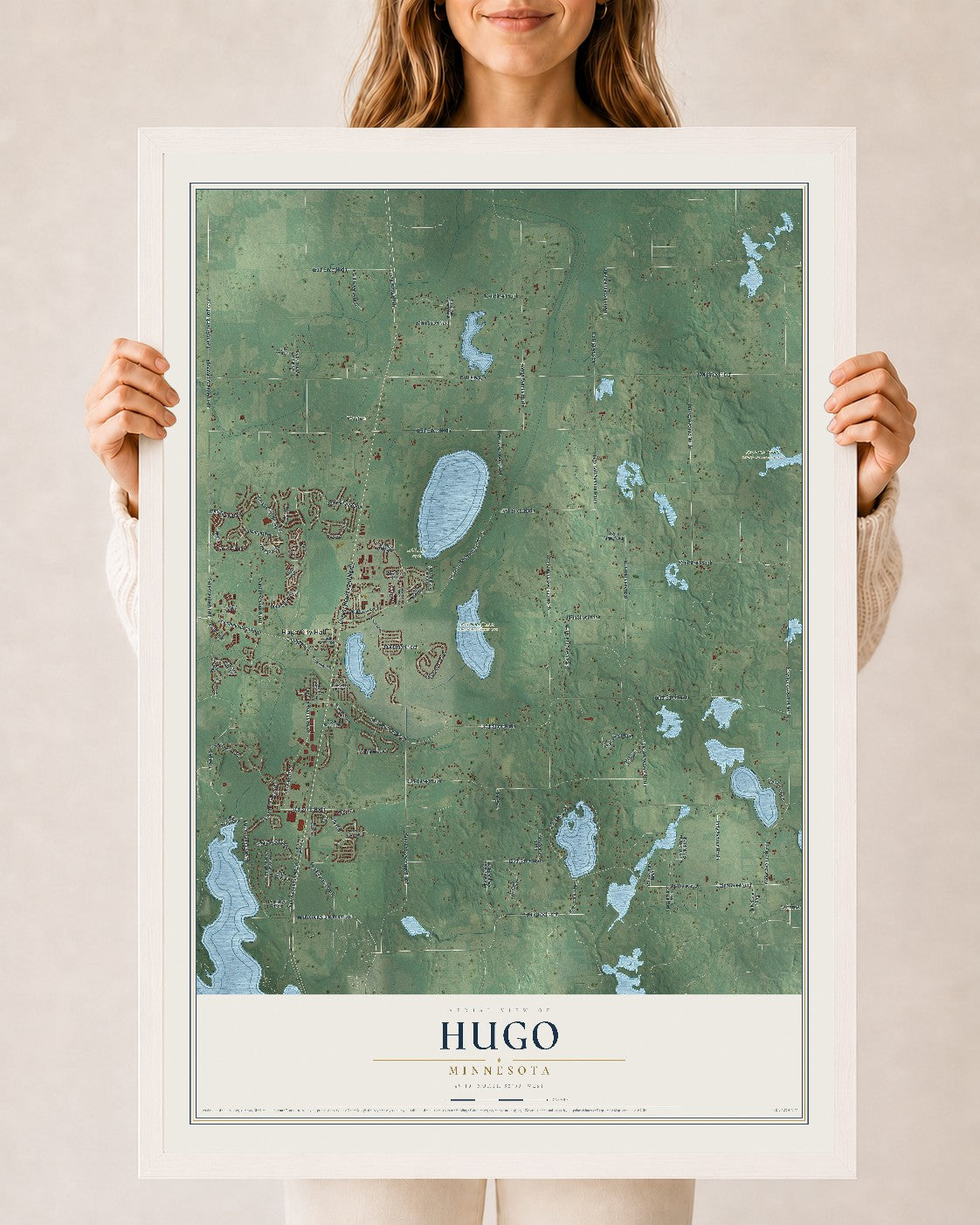 Map of Hugo, Minnesota, 24 x 36 inch print in a white wood frame