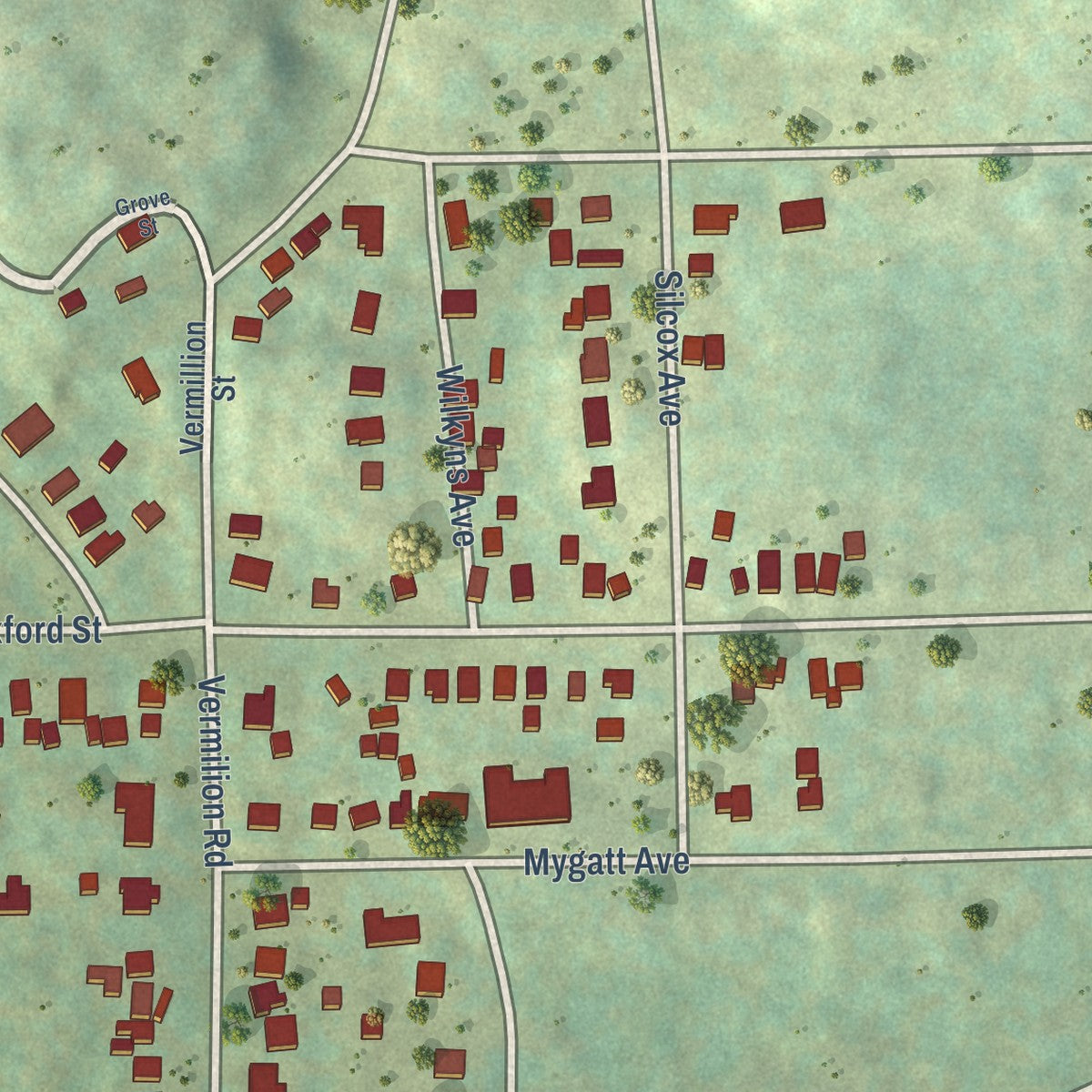 Close-up of the map of Hunters Park, Minnesota print showing street and building detail