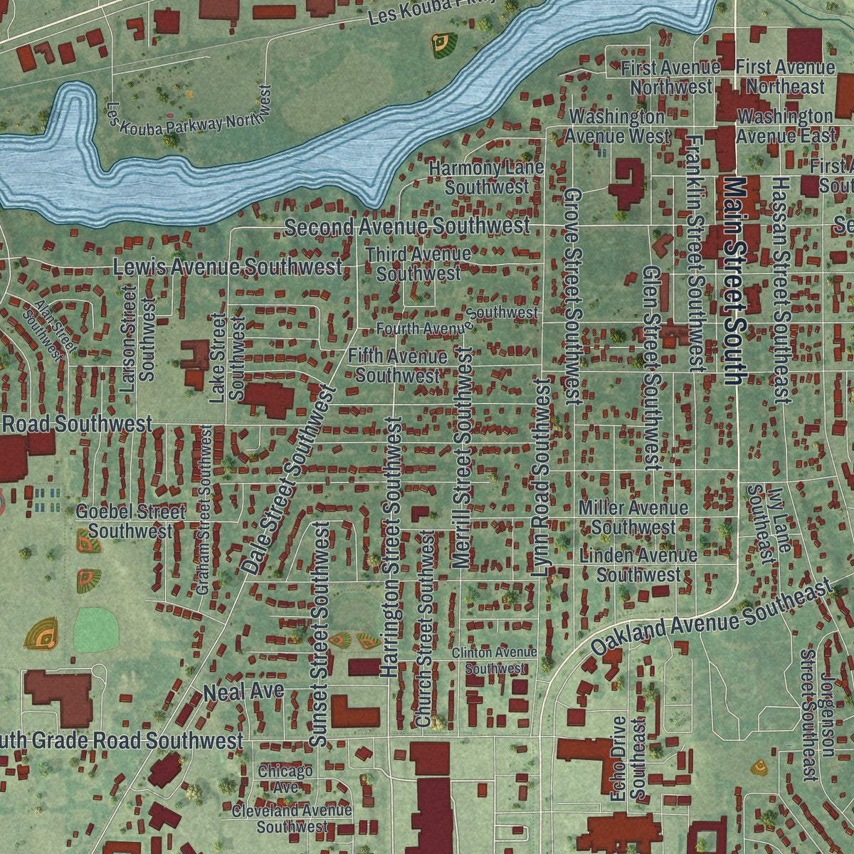 Close-up of the map of Hutchinson, Minnesota print showing street and building detail