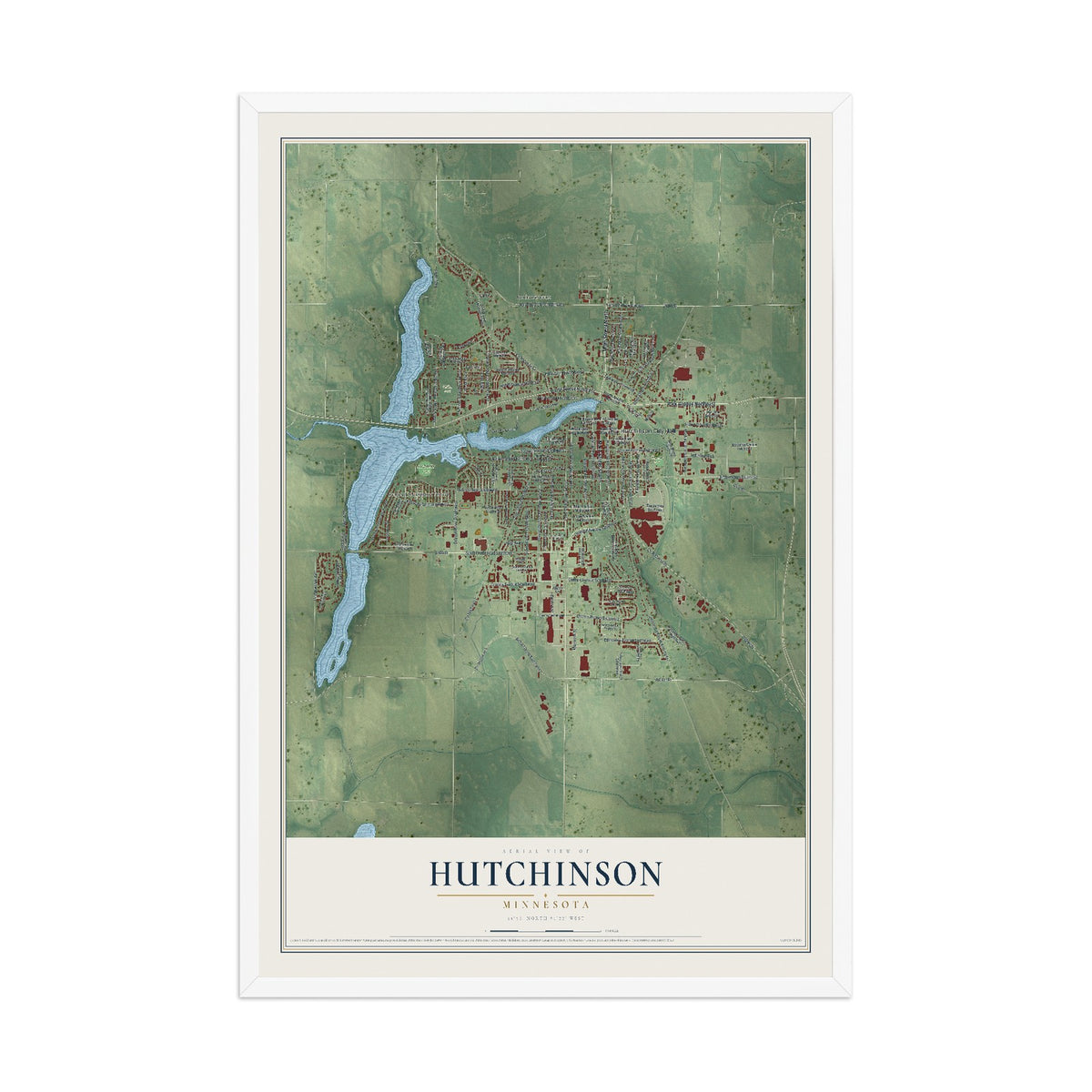 Map of Hutchinson, Minnesota, 12 x 18 inch print in a white wood frame