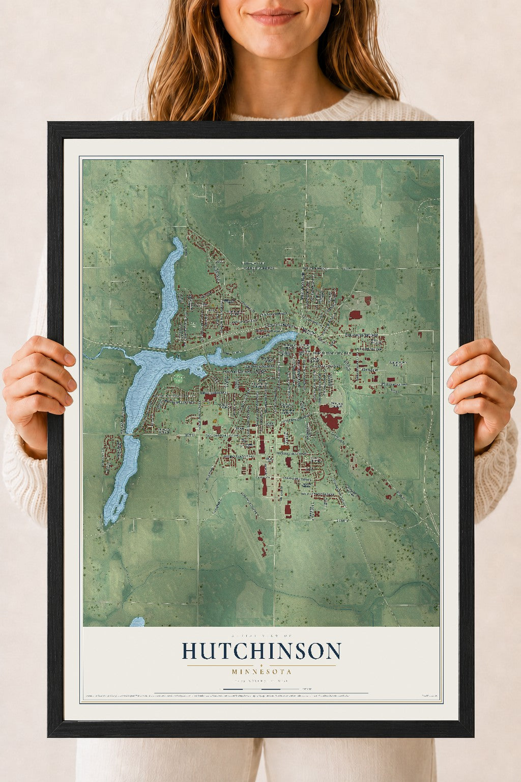 Map of Hutchinson, Minnesota, 18 x 24 inch print in a black wood frame