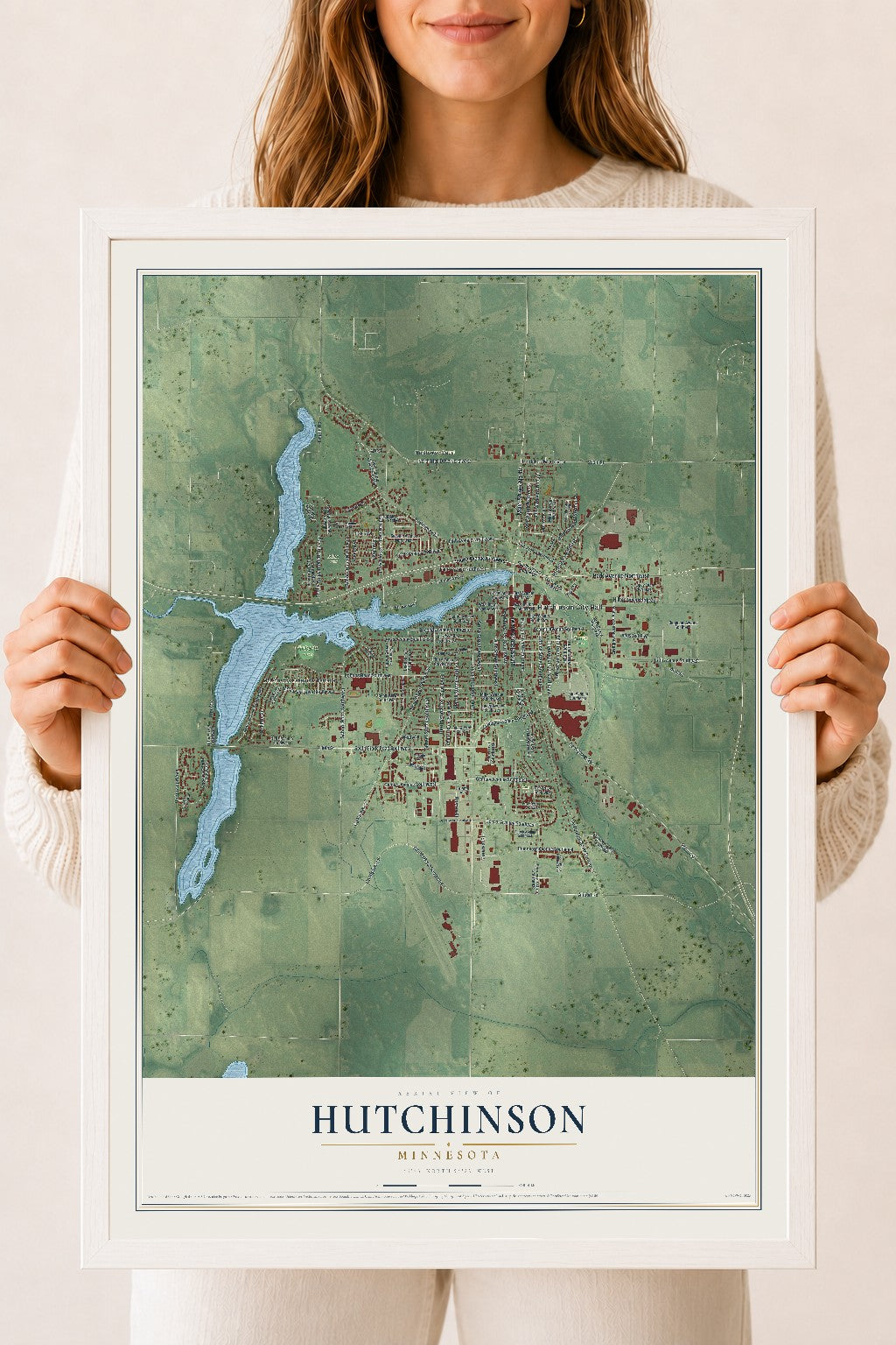 Map of Hutchinson, Minnesota, 18 x 24 inch print in a white wood frame