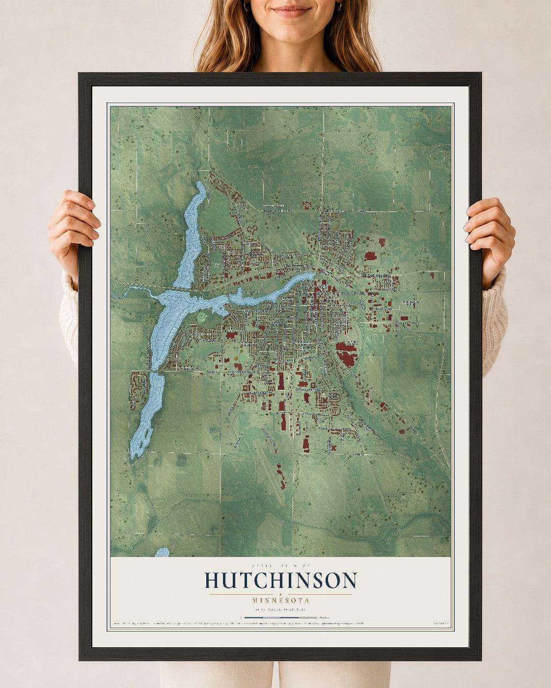 Map of Hutchinson, Minnesota, 24 x 36 inch print in a black wood frame