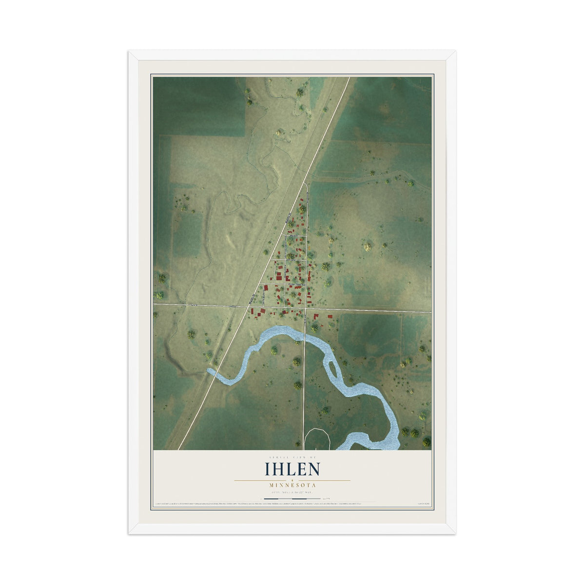 Map of Ihlen, Minnesota, 12 x 18 inch print in a white wood frame