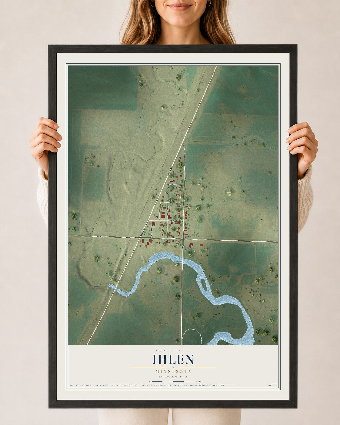Map of Ihlen, Minnesota, 24 x 36 inch print in a black wood frame