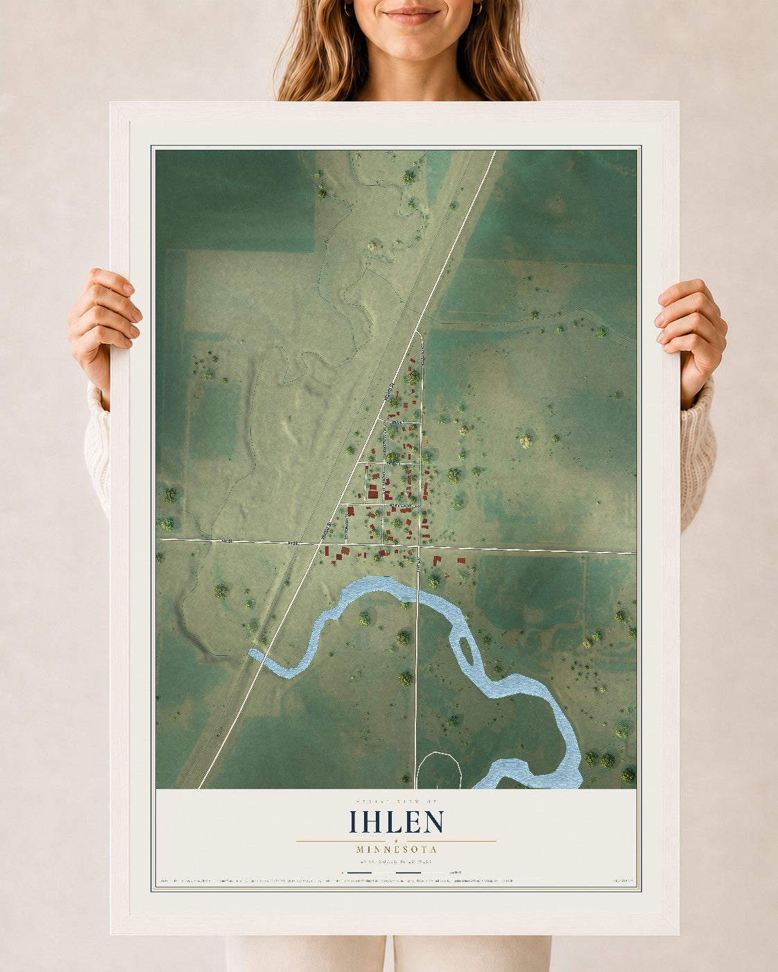 Map of Ihlen, Minnesota, 24 x 36 inch print in a white wood frame