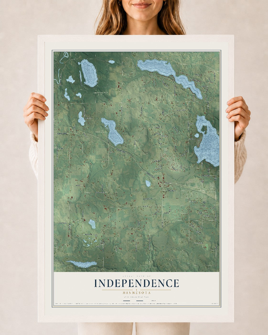 Map of Independence, Minnesota, 24 x 36 inch print in a white wood frame