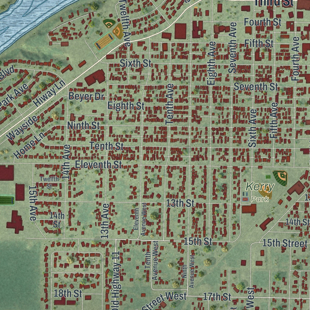 Close-up of the map of International Falls, Minnesota print showing street and building detail