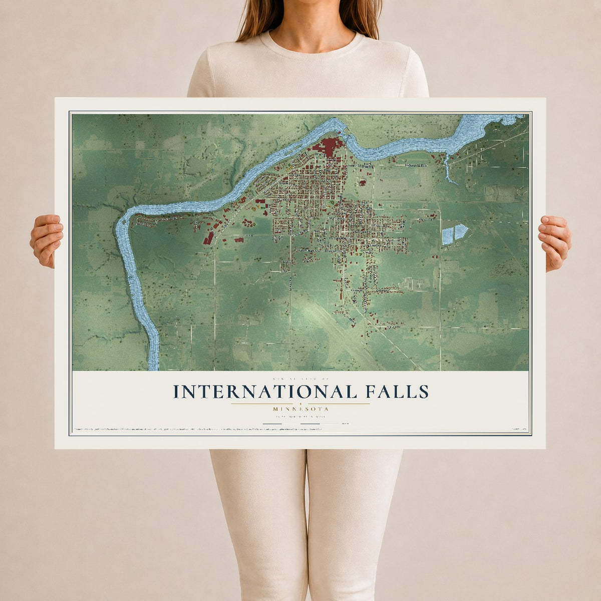 Map of International Falls, Minnesota, 24 x 36 inch unframed archival matte print