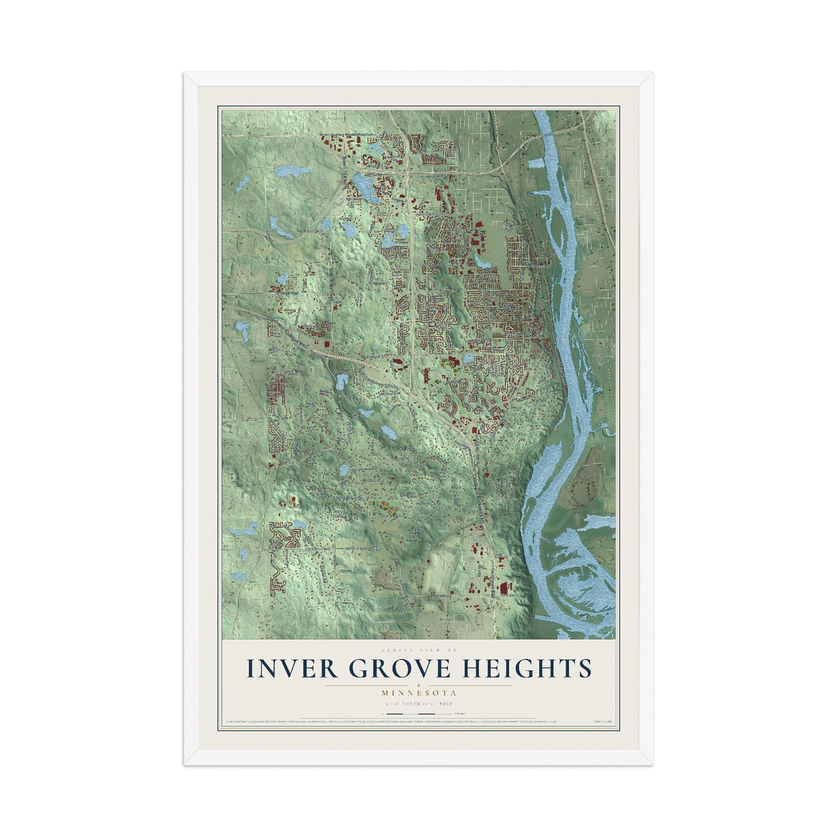 Map of Inver Grove Heights, Minnesota, 12 x 18 inch print in a white wood frame