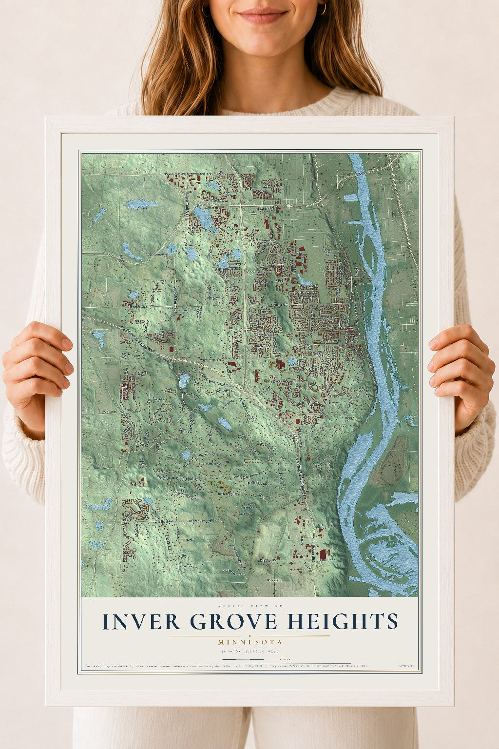 Map of Inver Grove Heights, Minnesota, 18 x 24 inch print in a white wood frame