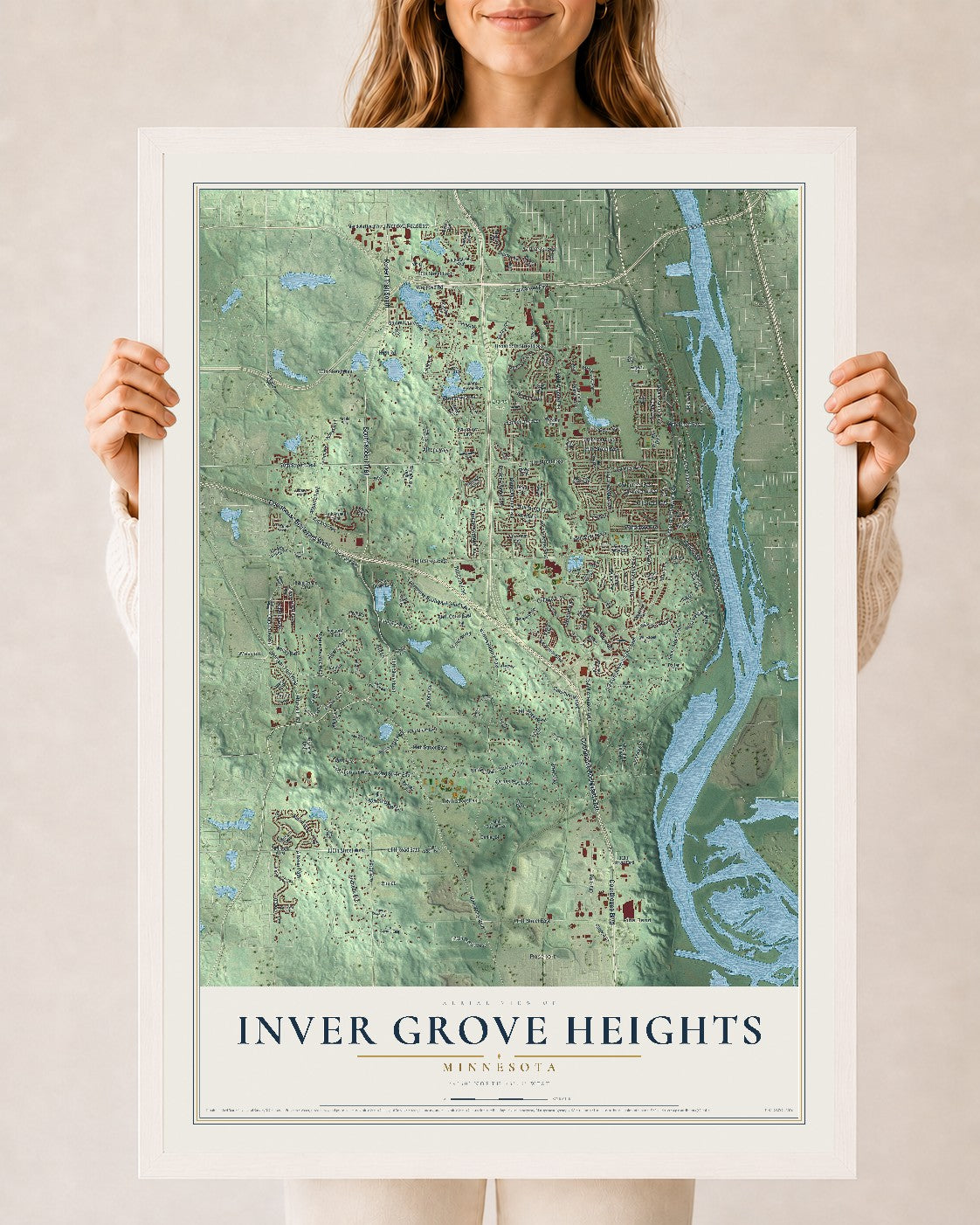 Map of Inver Grove Heights, Minnesota, 24 x 36 inch print in a white wood frame