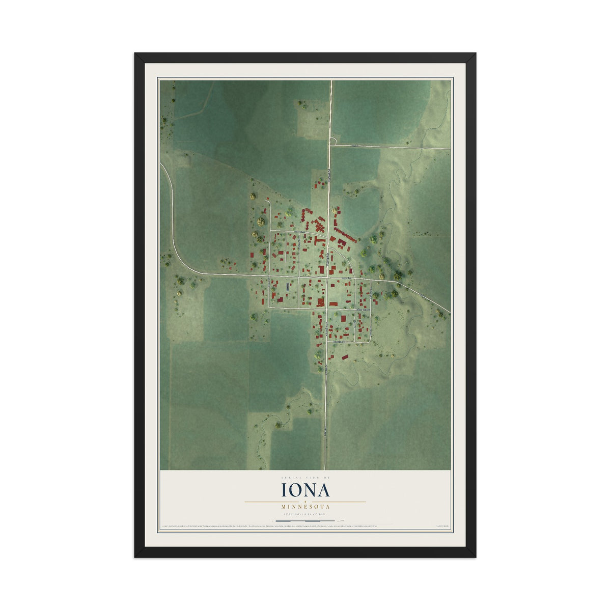 Map of Iona, Minnesota, 12 x 18 inch print in a black wood frame