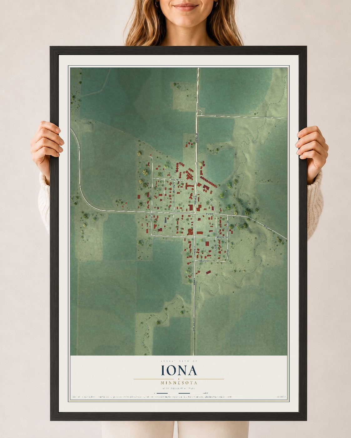Map of Iona, Minnesota, 24 x 36 inch print in a black wood frame