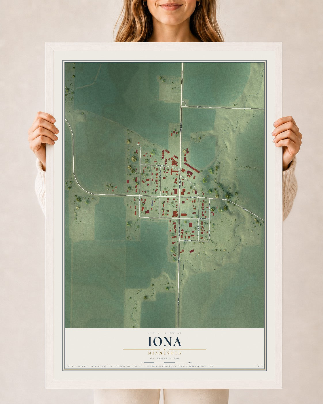 Map of Iona, Minnesota, 24 x 36 inch print in a white wood frame