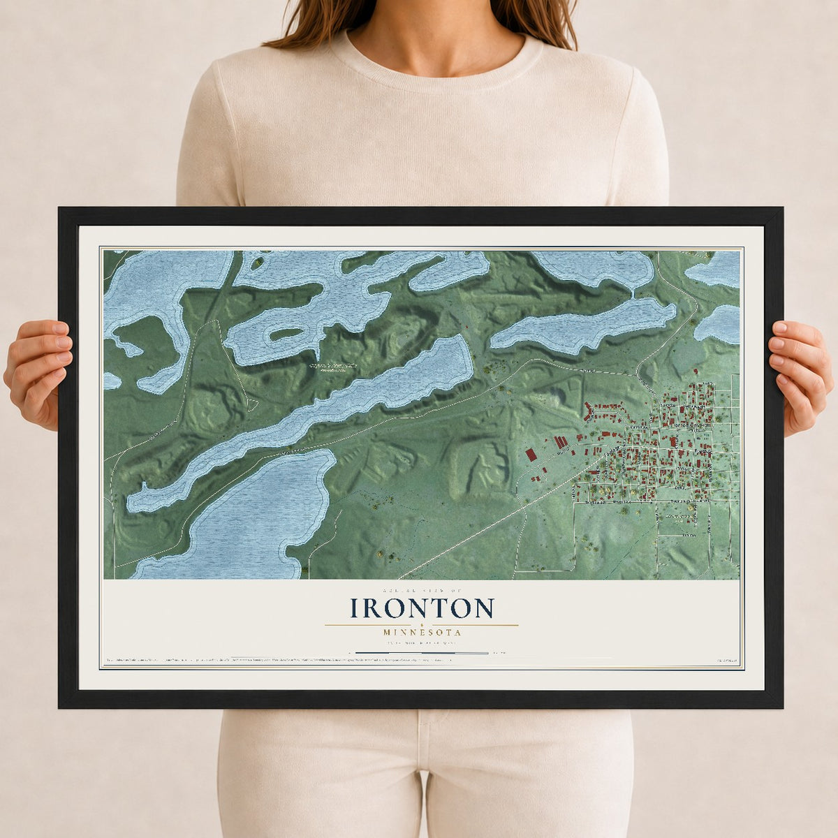 Map of Ironton, Minnesota, 12 x 18 inch print in a black wood frame