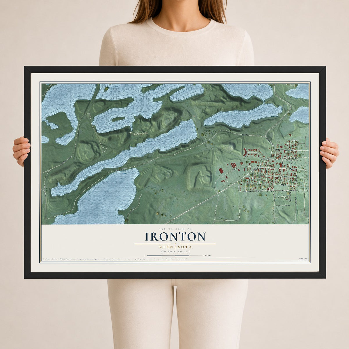 Map of Ironton, Minnesota, 24 x 36 inch print in a black wood frame