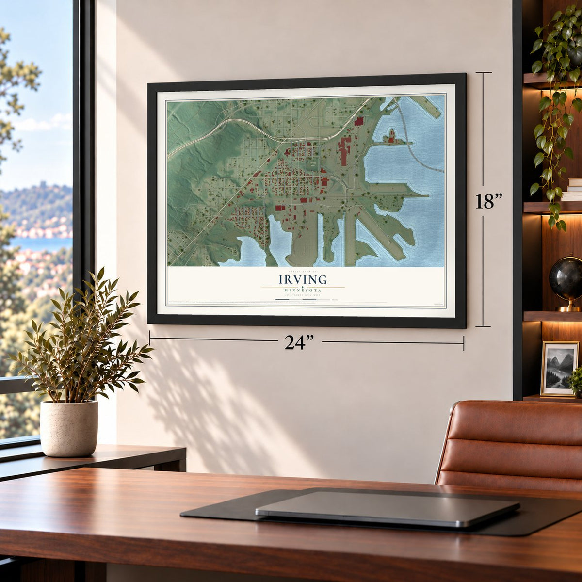 Irving, Minnesota map, 18 x 24 inch print in a black frame in a home office
