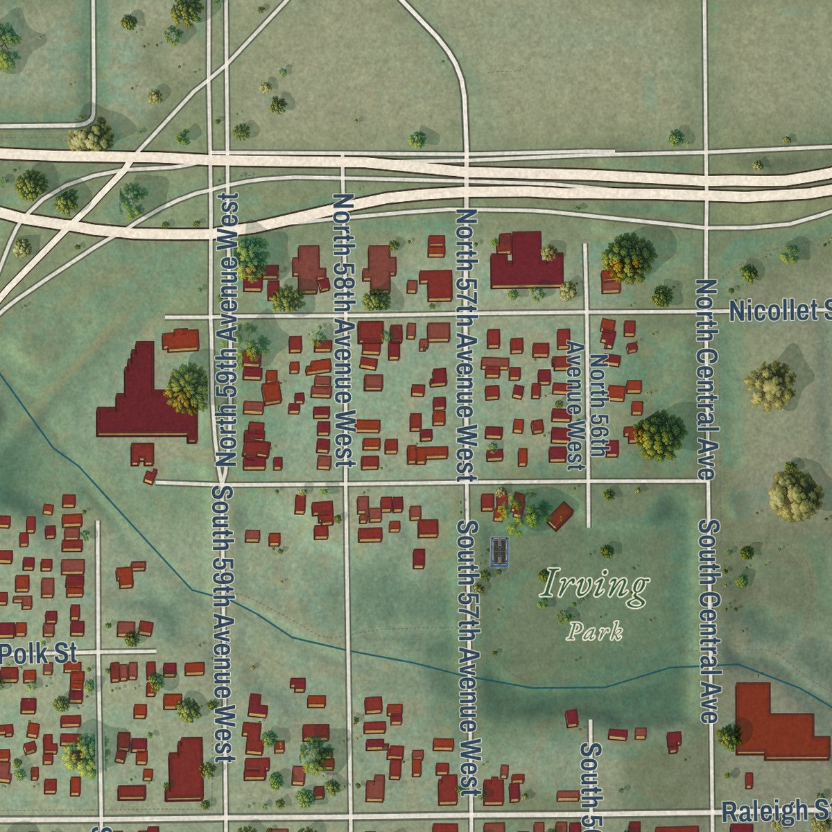 Close-up of the map of Irving, Minnesota print showing street and building detail
