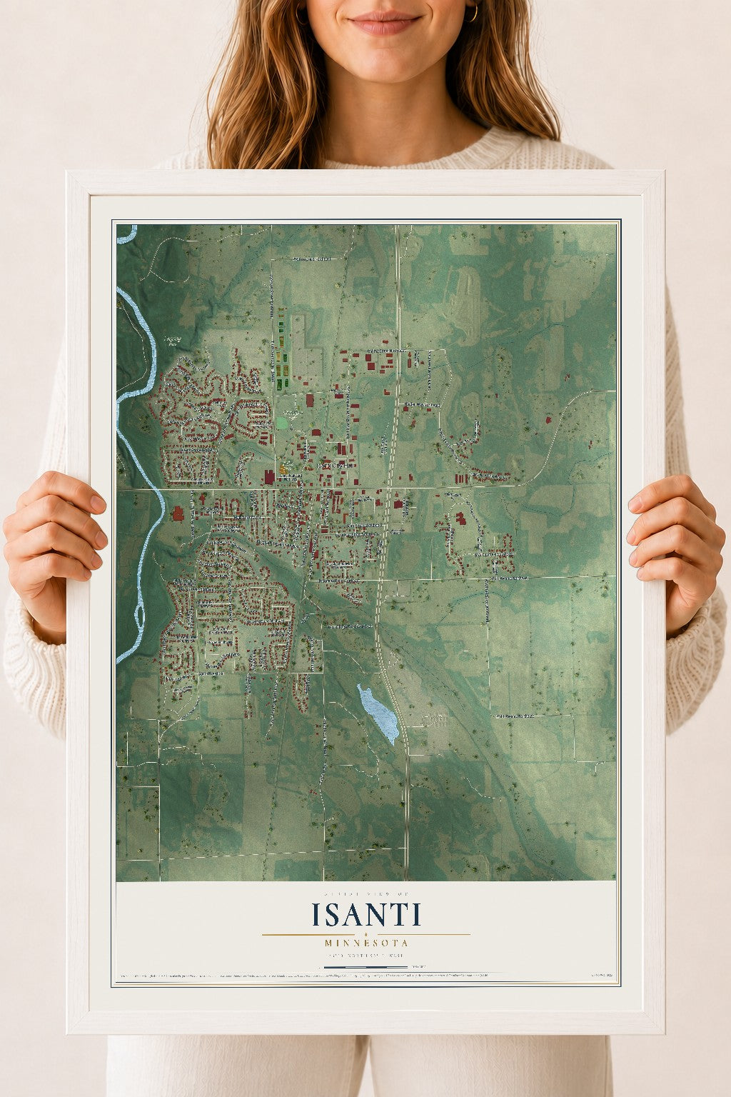Map of Isanti, Minnesota, 18 x 24 inch print in a white wood frame
