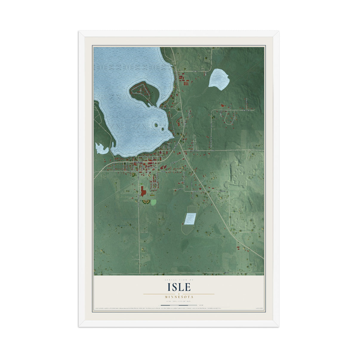 Map of Isle, Minnesota, 12 x 18 inch print in a white wood frame