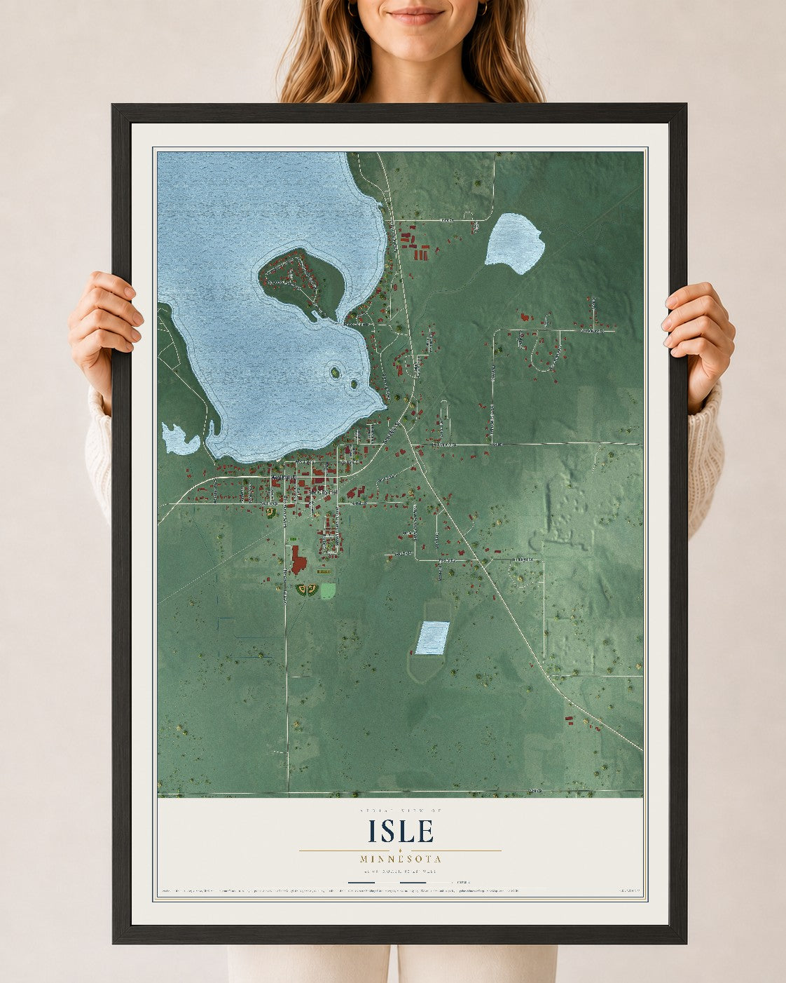 Map of Isle, Minnesota, 24 x 36 inch print in a black wood frame