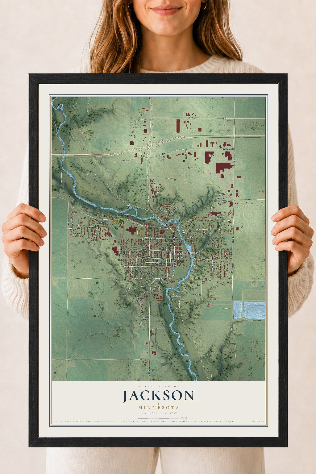 Map of Jackson, Minnesota, 18 x 24 inch print in a black wood frame