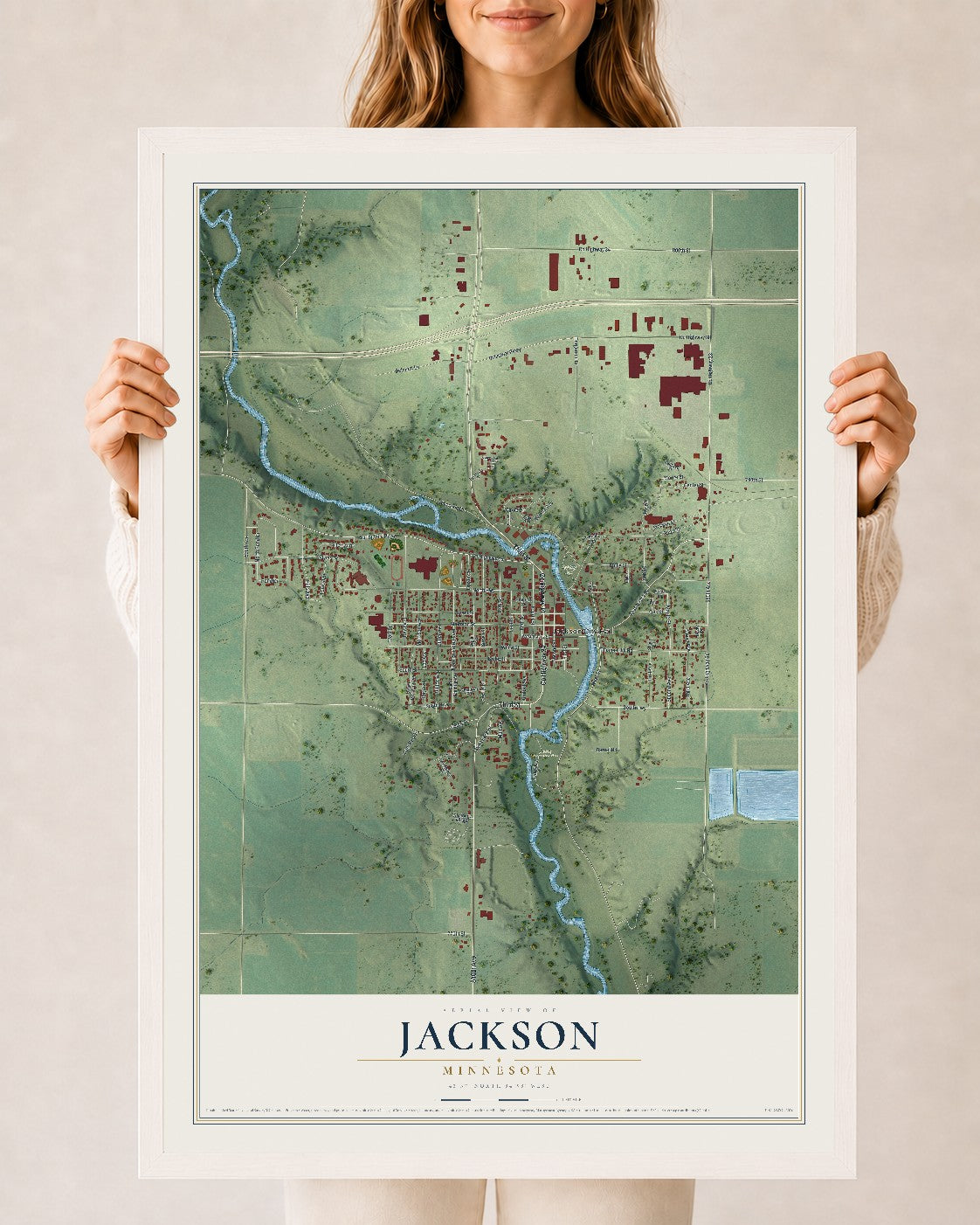 Map of Jackson, Minnesota, 24 x 36 inch print in a white wood frame