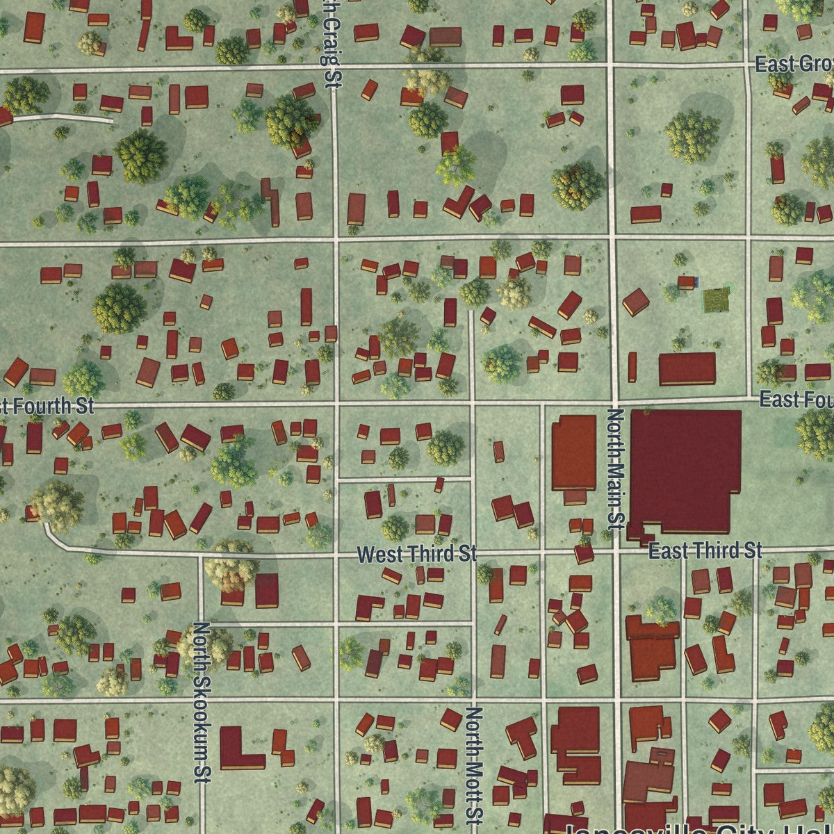 Close-up of the map of Janesville, Minnesota print showing street and building detail