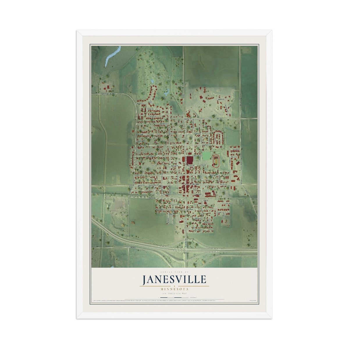 Map of Janesville, Minnesota, 12 x 18 inch print in a white wood frame