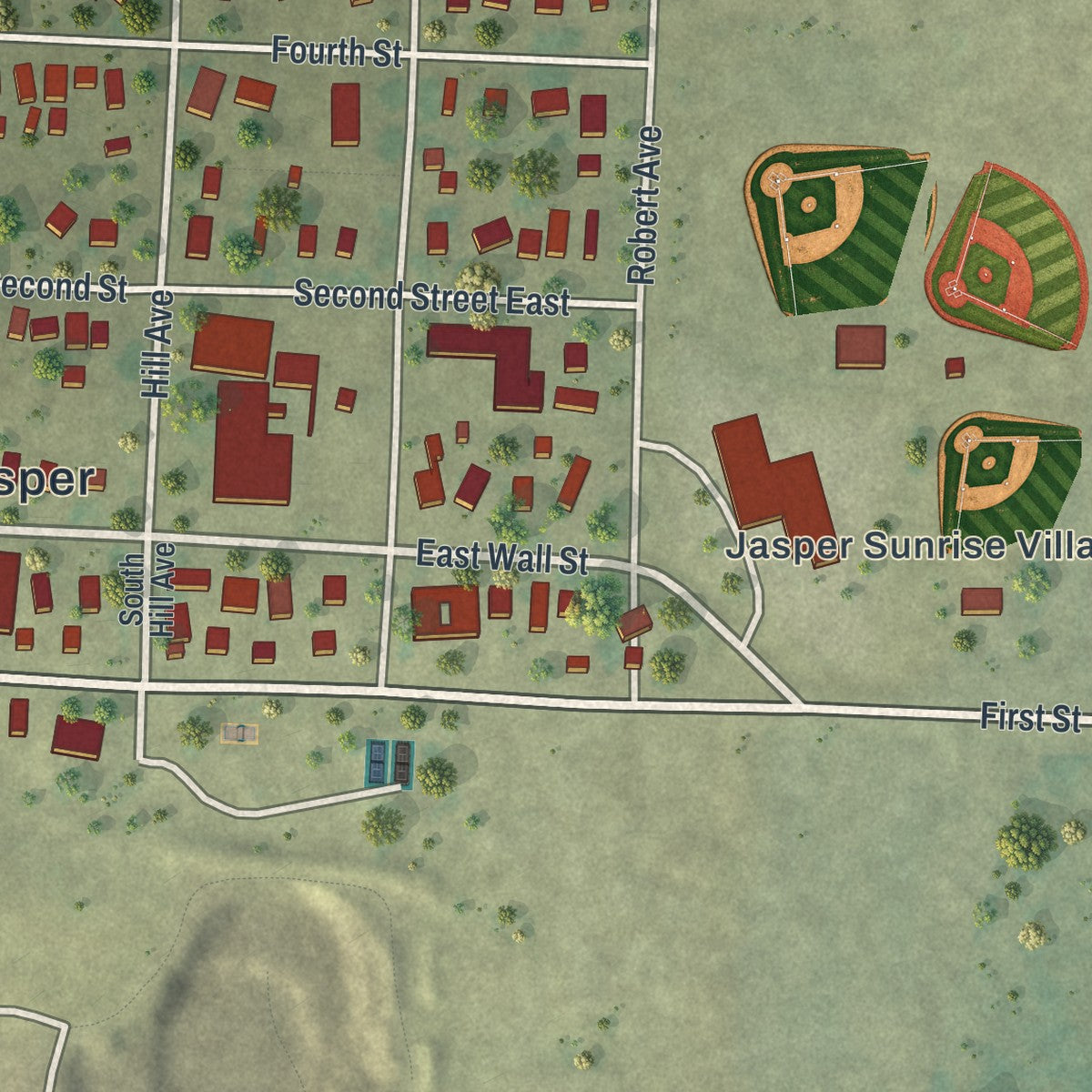Second close-up of the map of Jasper, Minnesota print showing more streets and buildings