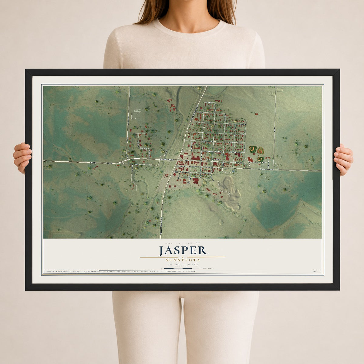 Map of Jasper, Minnesota, 24 x 36 inch print in a black wood frame