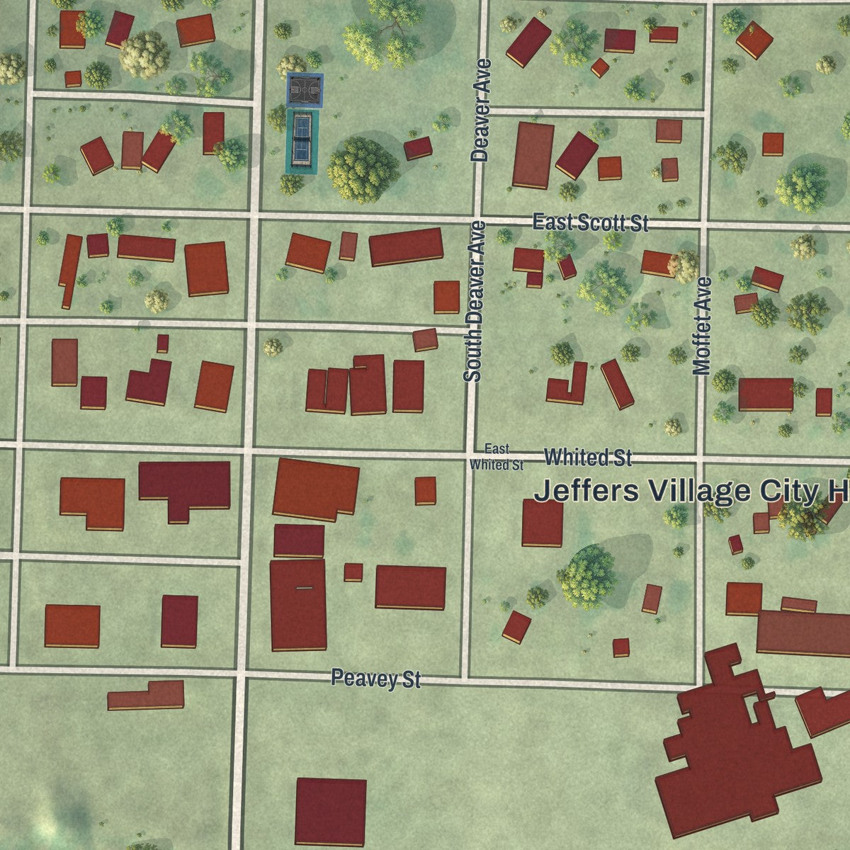 Close-up of the map of Jeffers, Minnesota print showing street and building detail
