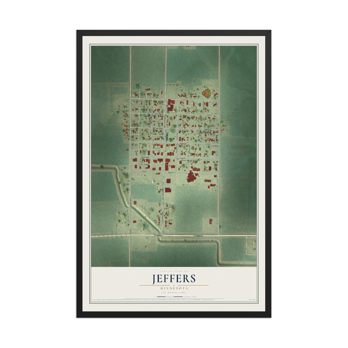 Map of Jeffers, Minnesota, 12 x 18 inch print in a black wood frame