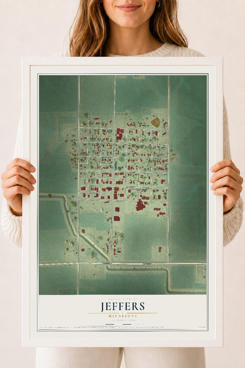 Map of Jeffers, Minnesota, 18 x 24 inch print in a white wood frame