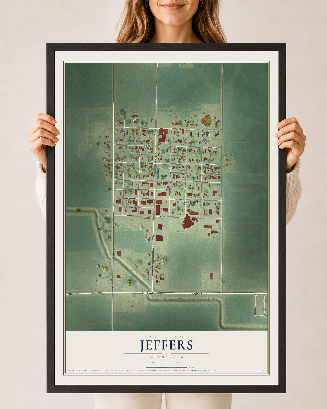 Map of Jeffers, Minnesota, 24 x 36 inch print in a black wood frame