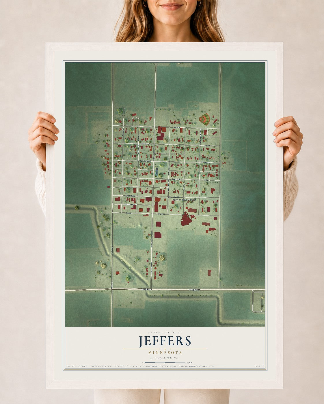 Map of Jeffers, Minnesota, 24 x 36 inch print in a white wood frame
