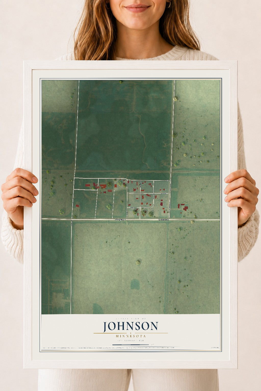 Map of Johnson, Minnesota, 18 x 24 inch print in a white wood frame