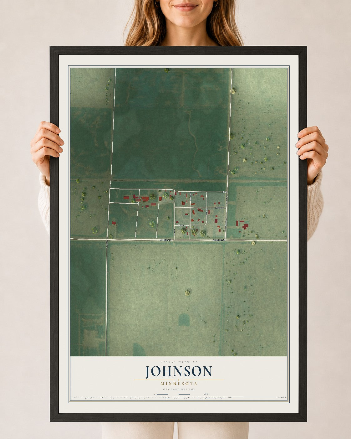 Map of Johnson, Minnesota, 24 x 36 inch print in a black wood frame