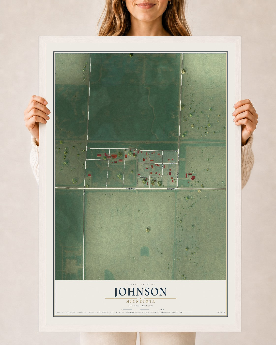 Map of Johnson, Minnesota, 24 x 36 inch print in a white wood frame