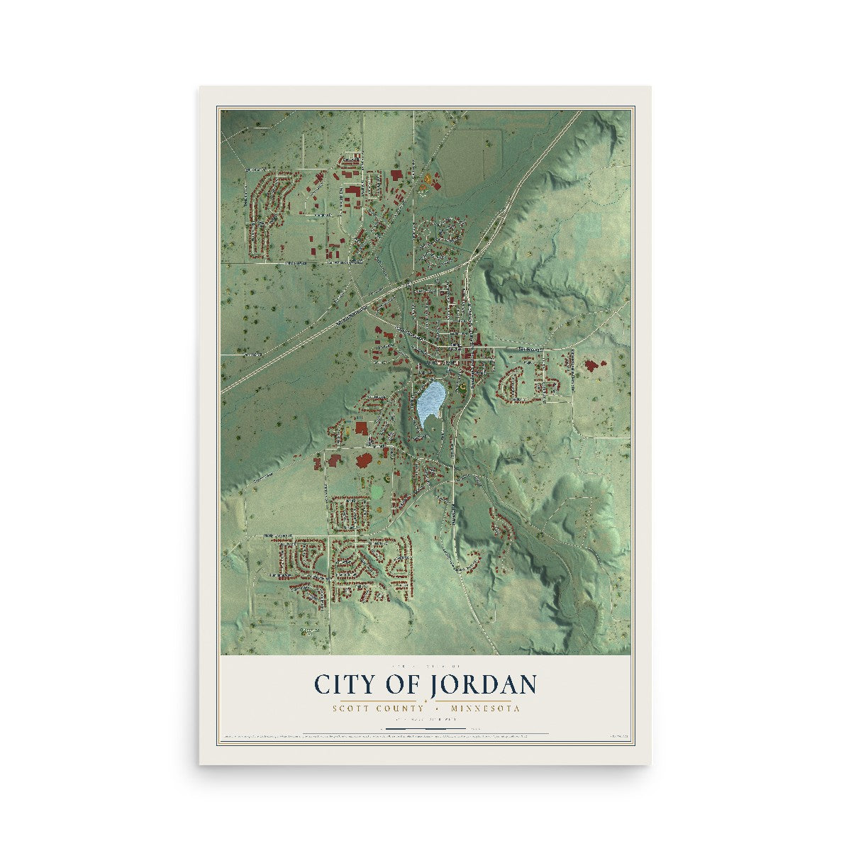 Map of Jordan, Minnesota, 12 x 18 inch unframed archival matte print