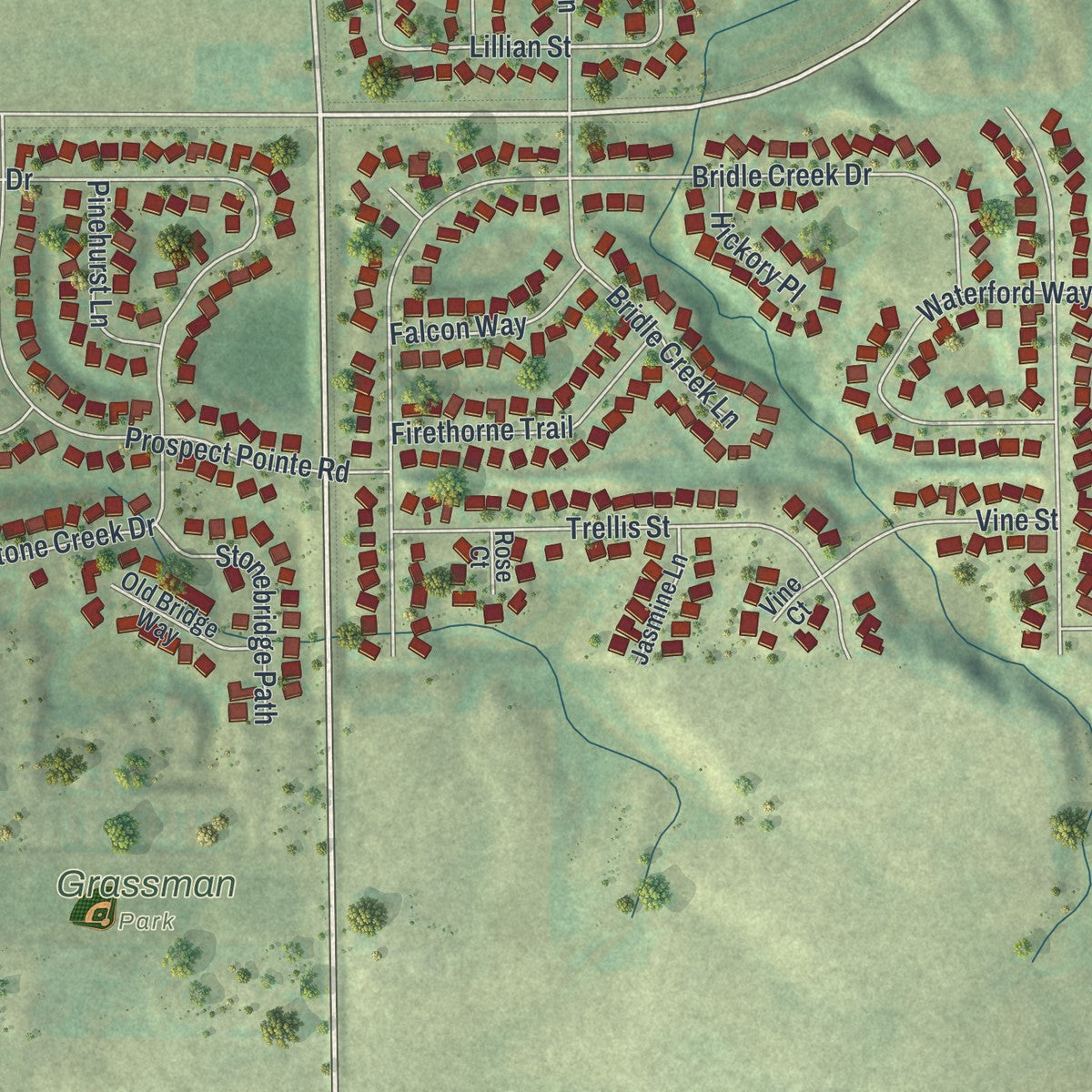 Close-up of the map of Jordan, Minnesota print showing street and building detail