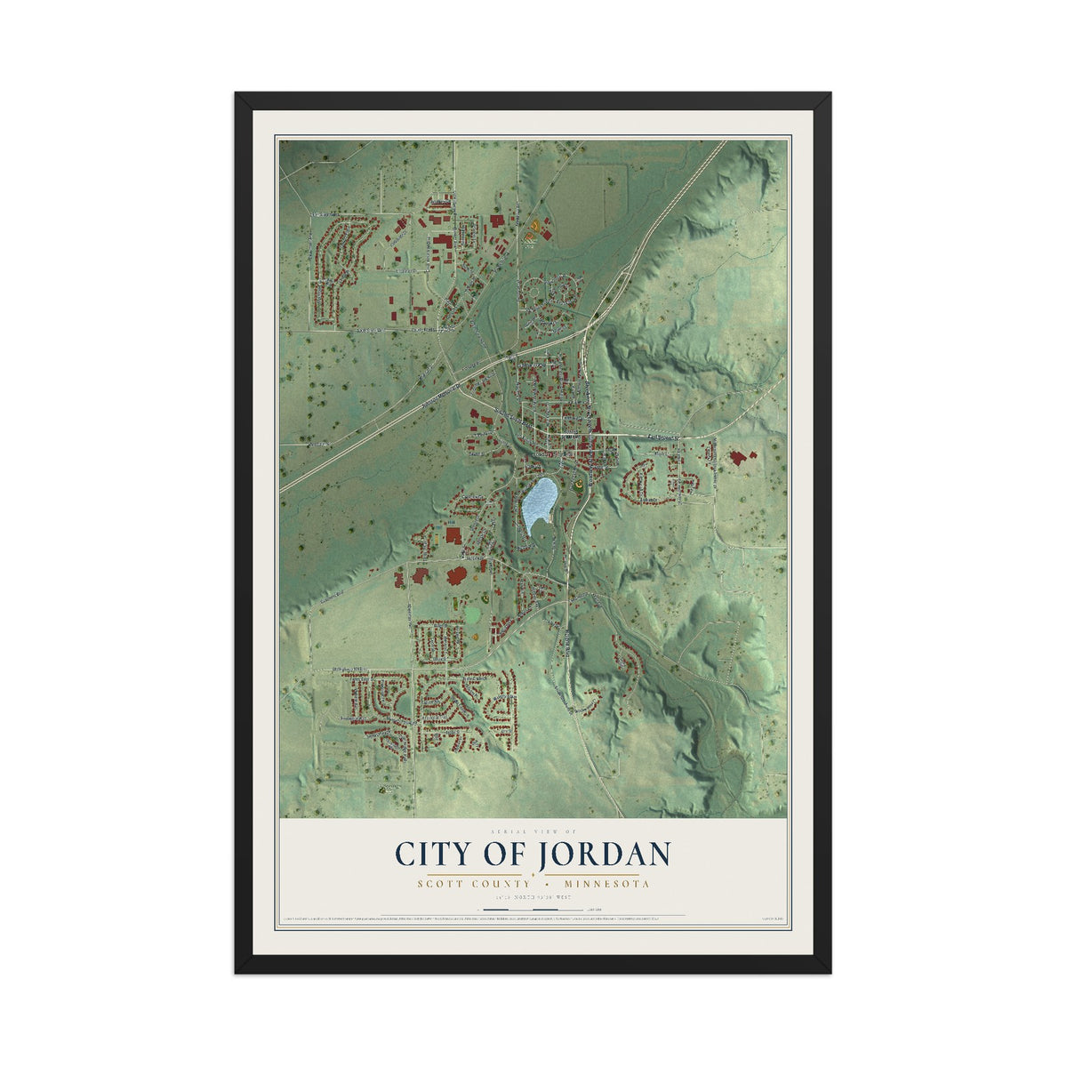 Map of Jordan, Minnesota, 12 x 18 inch print in a black wood frame