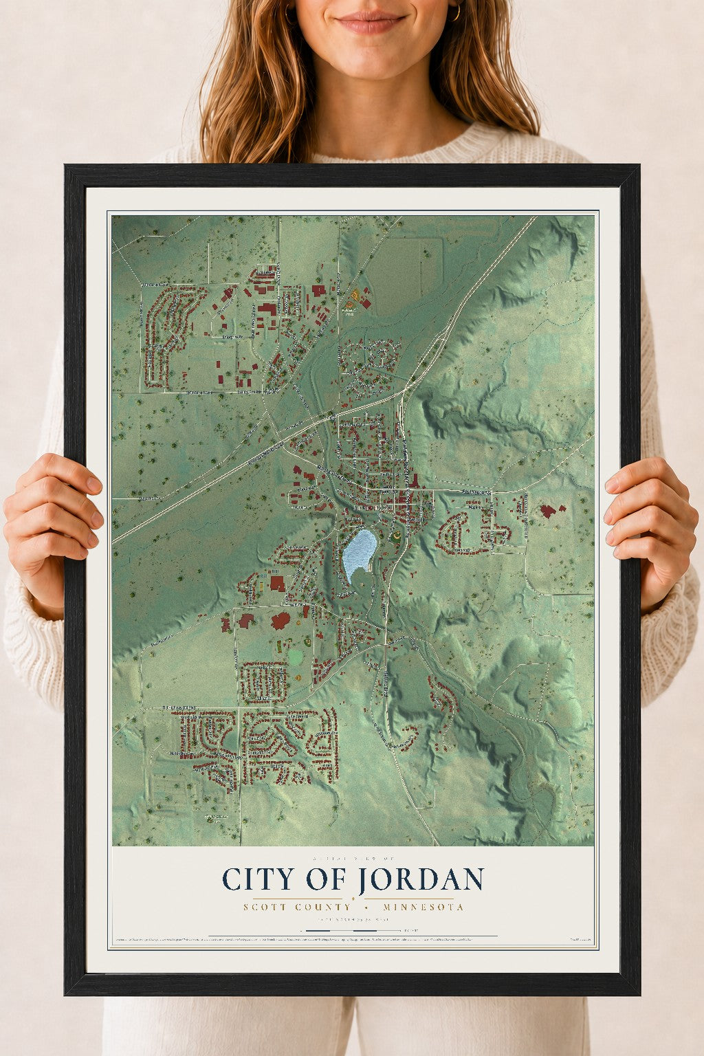 Map of Jordan, Minnesota, 18 x 24 inch print in a black wood frame